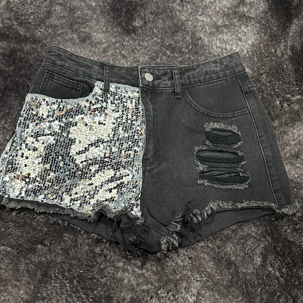 SHEIN Black Sequin Patch Denim Shorts